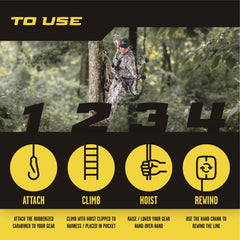 Hunter Safety System hoist in a tree stand keeps gear organized for access.