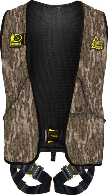 Hunter Safety System Treestalker harness front view in Mossy Oak Bottomland for concealment.
