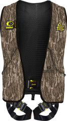 Hunter Safety System Treestalker harness front view in Mossy Oak Bottomland for concealment.
