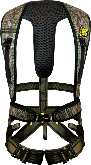 Hunter Safety System Ultra-Lite 4X/5X harness close-up showing adjustable fit for up to 400 lb