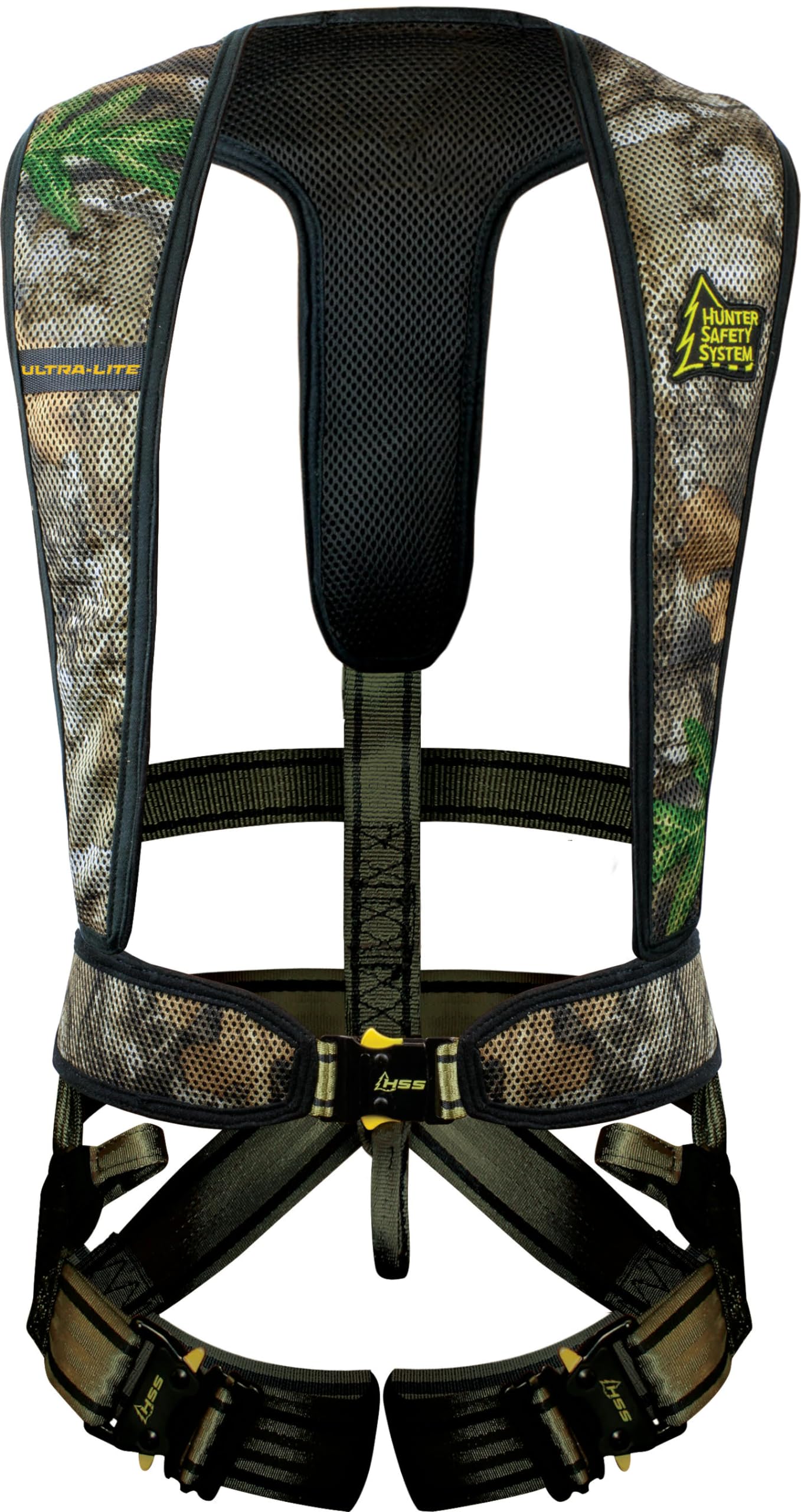Hunter Safety System Ultra-Lite harness worn in forest gear highlights quick-snap buckles.