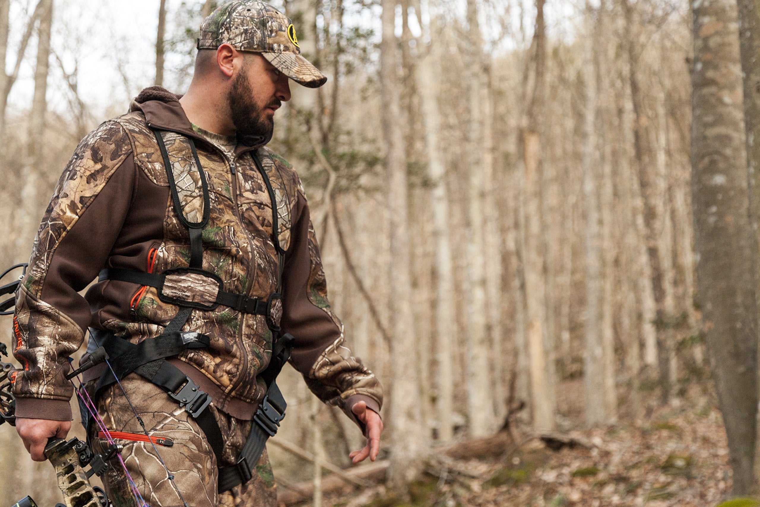 Hunter Safety System X-1 Bow-Hunter harness close-up of secure design for safe tree-stand use.