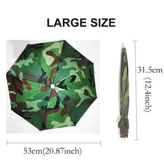 Camouflage umbrella hat being worn with adjustable elastic headband