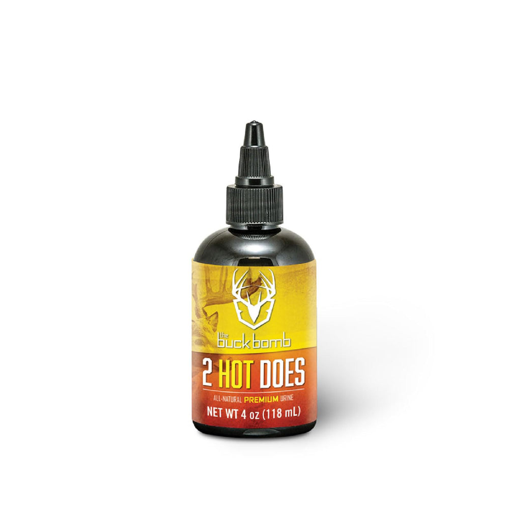 Hunters Specialties Buck Bomb 2 Hot Does bottle for authentic estrus scent deployment to attract bucks.