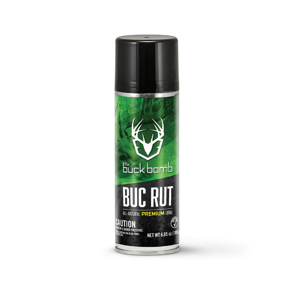 Hunters Specialties Buck Bomb BucRut Scent aerosol can releasing fresh urine cloud to attract mature bucks