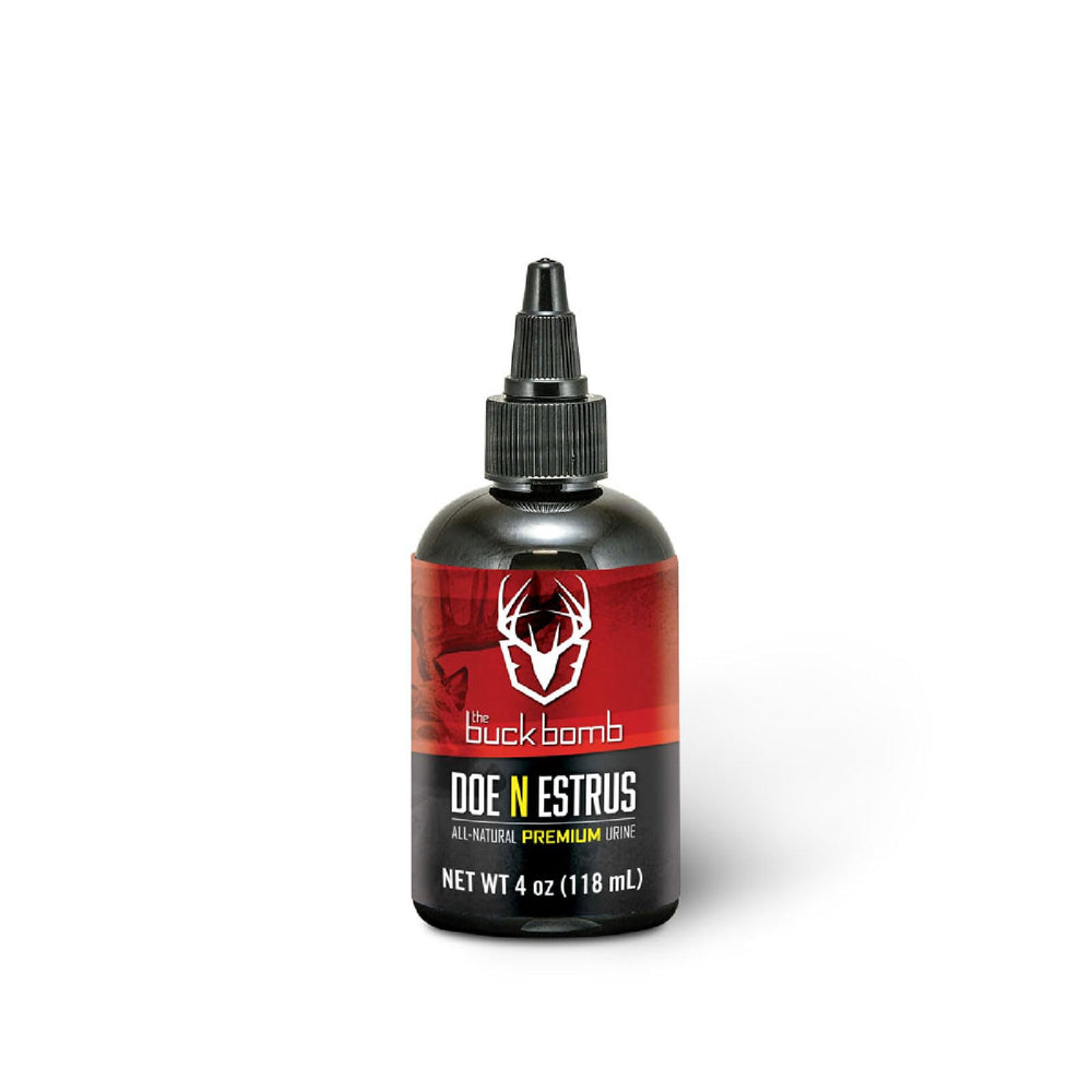 Hunters Specialties Buck Bomb Doe 'N Estrus bottle dropper for authentic estrus scent.