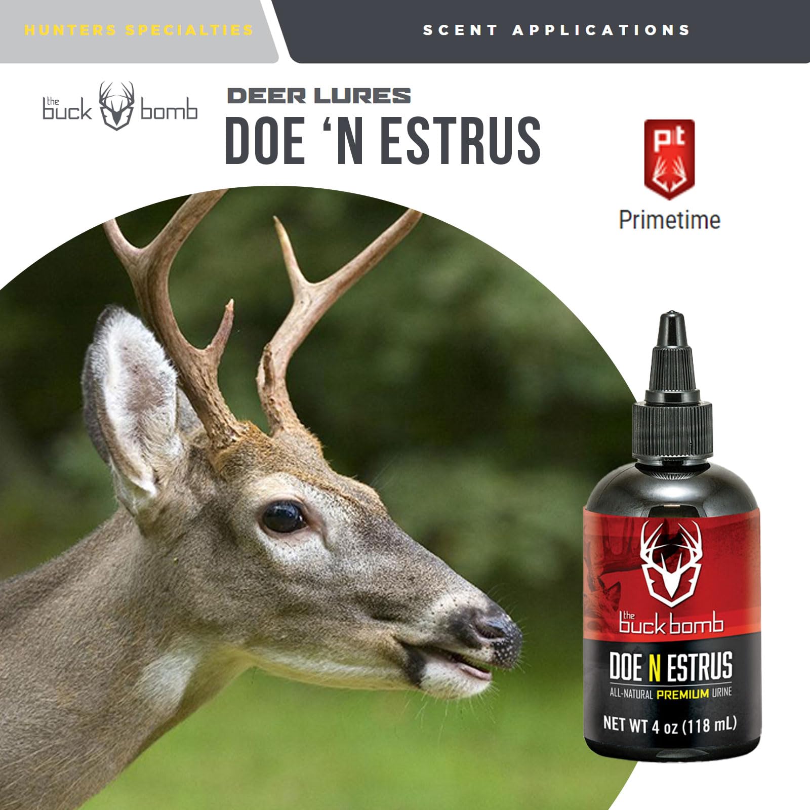 Buck Bomb Doe 'N Estrus includes wicks for field-ready scent dispersion.