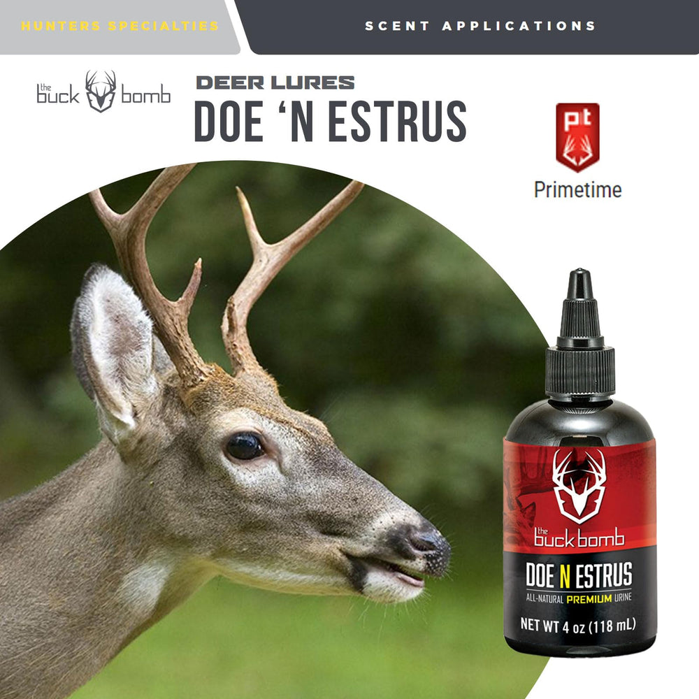 Buck Bomb Doe 'N Estrus includes wicks for field-ready scent dispersion.