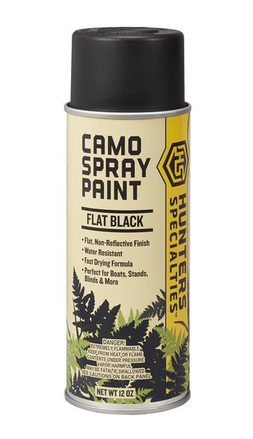 Hunters Specialties camo spray paint in flat black for non-reflective camouflage on stands and blinds.