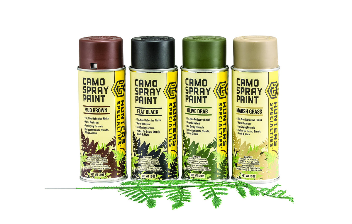 Hunters Specialties camo spray paint kit with leaf stencil for quick camouflage on gear.