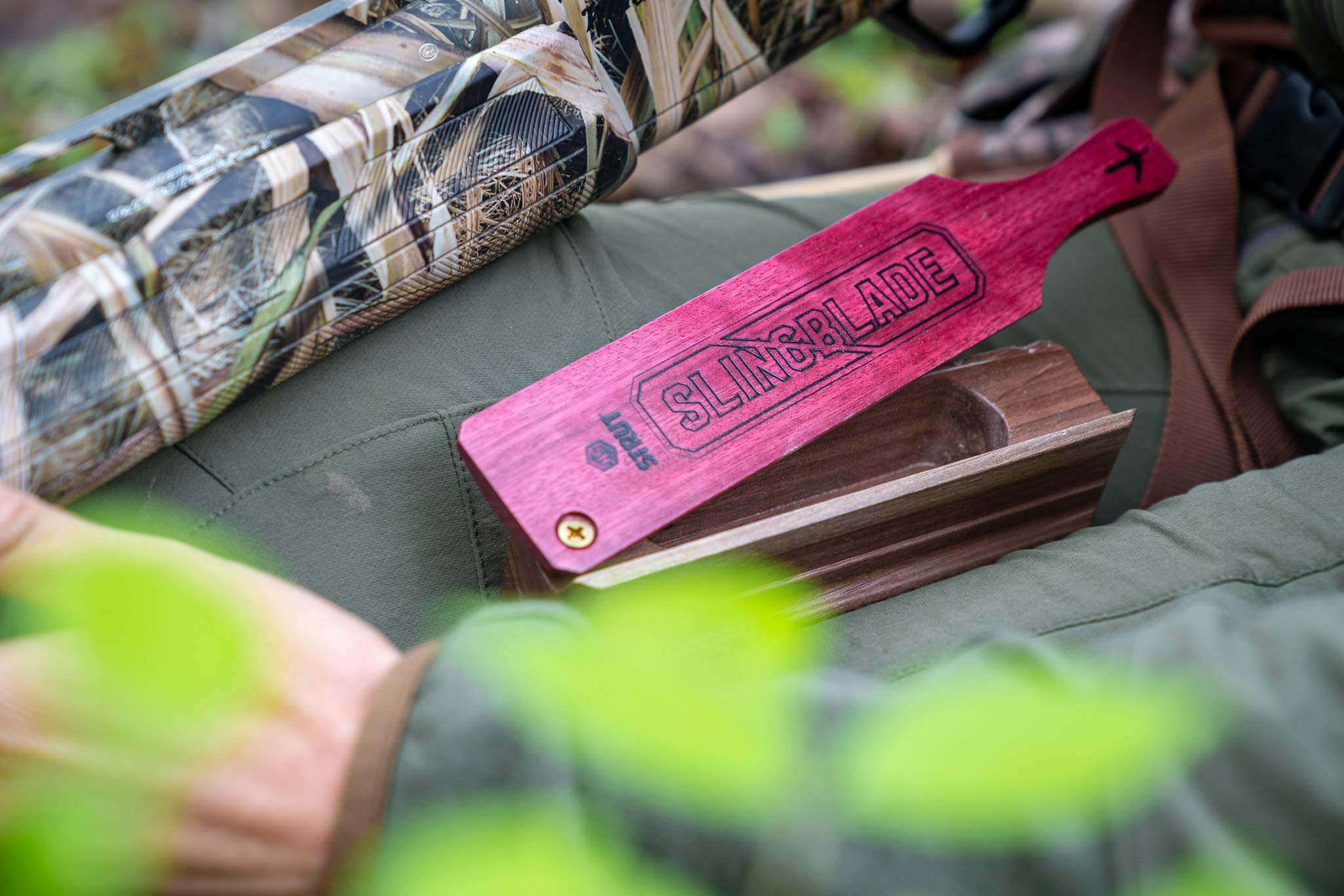 HS Strut Slingblade purple heart lid enhances tone and durability on the box call.
