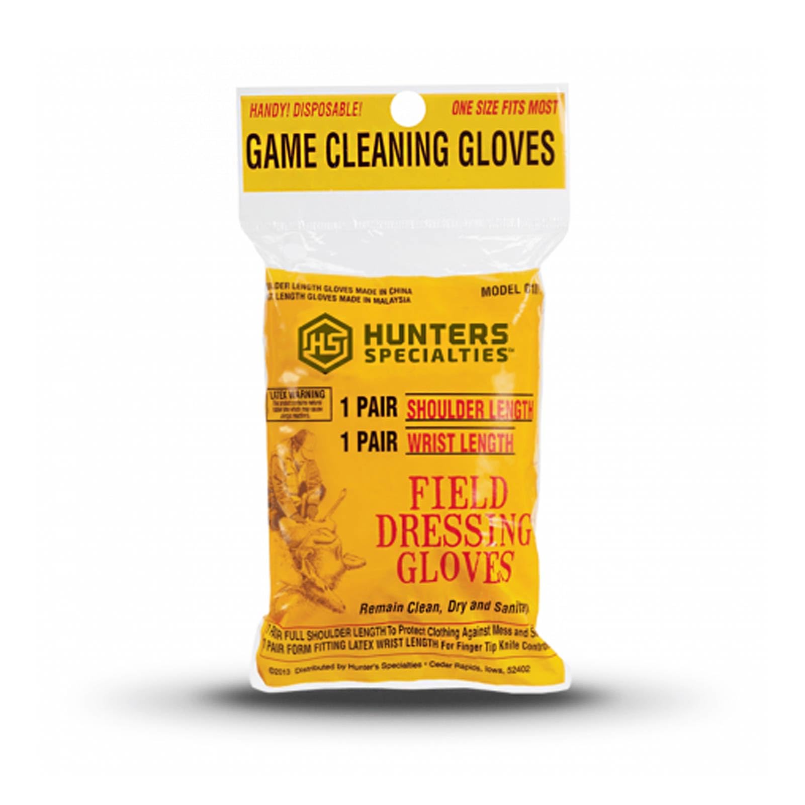 Hunters Specialties field dressing gloves: short latex pair for clean handling during field dressing
