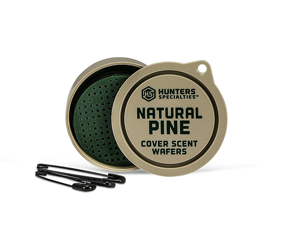 Hunters Specialties Natural Pine Cover Scent Wafers packaging showing three wafers for long-lasting scent setup.