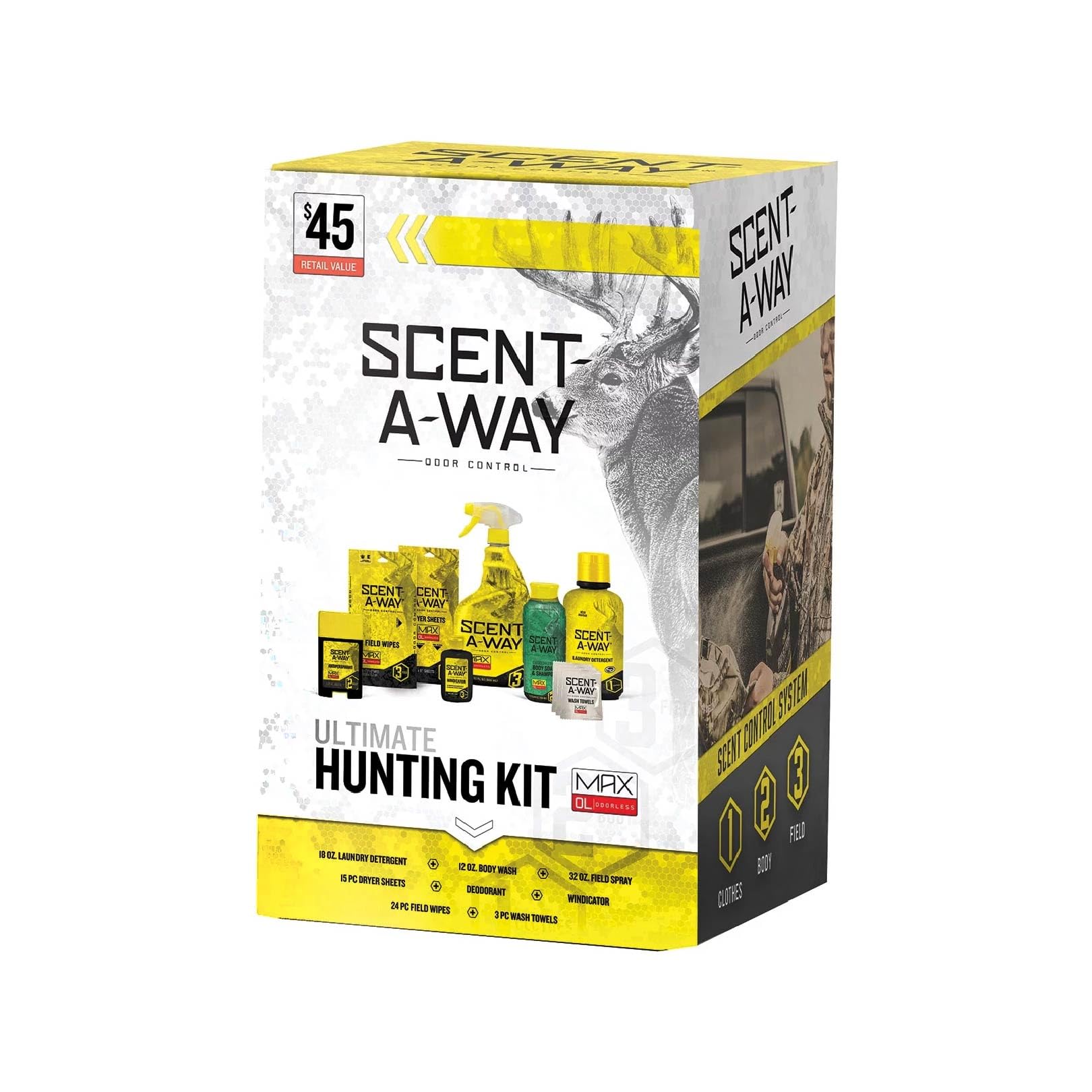 Hunters Specialties Saw Max Ultimate Odorless Hunting Kit laundry detergent reduces human scent on clothing.