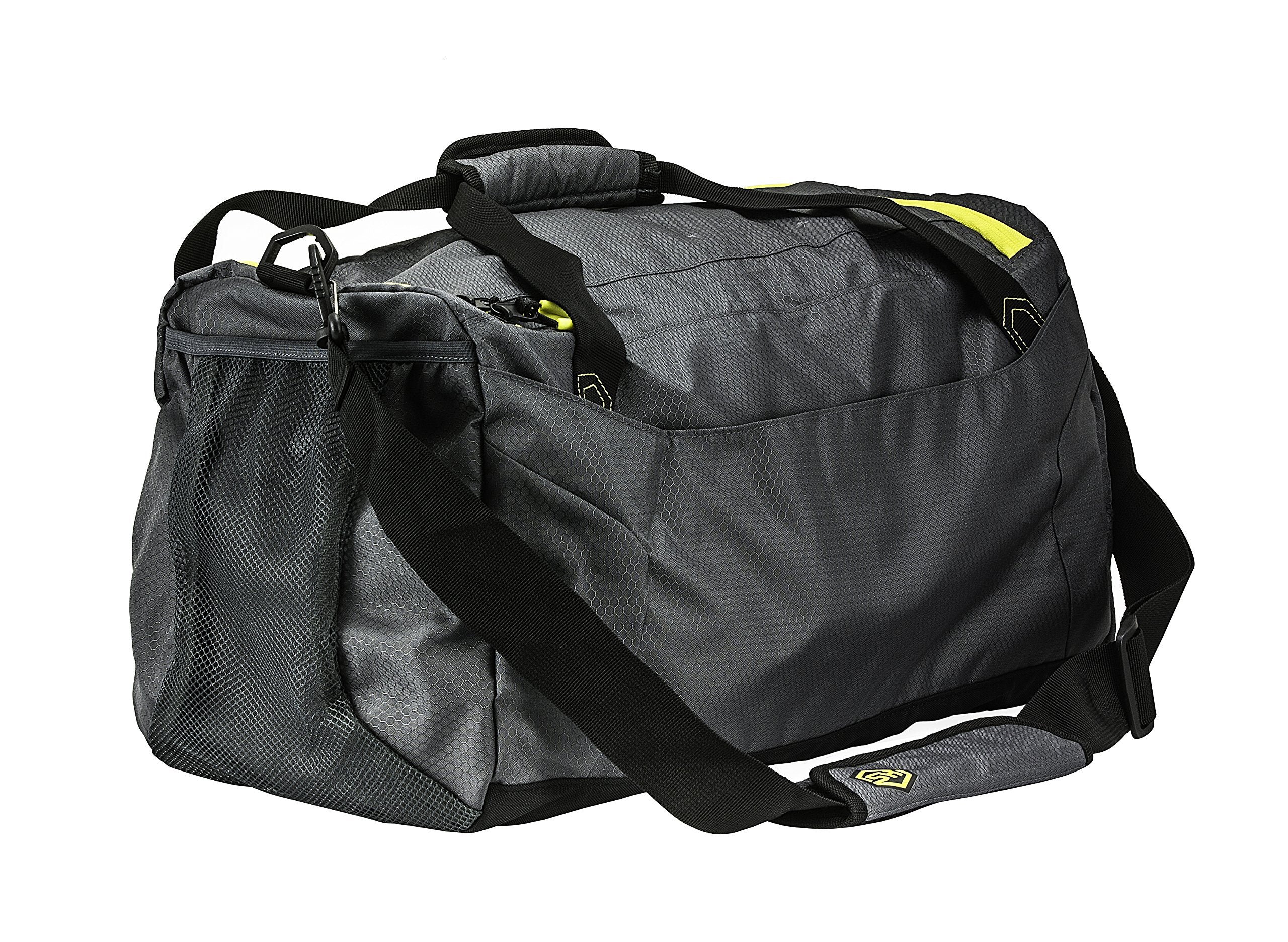 Duffel shows multiple internal and external pockets for organized hunting gear.