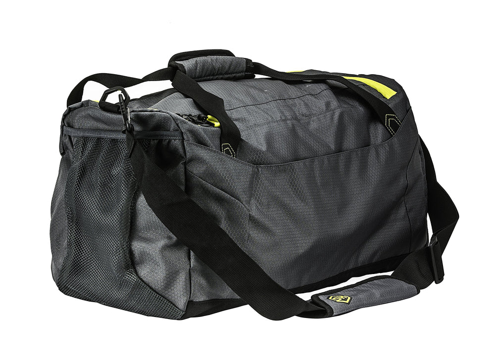 Duffel shows multiple internal and external pockets for organized hunting gear.