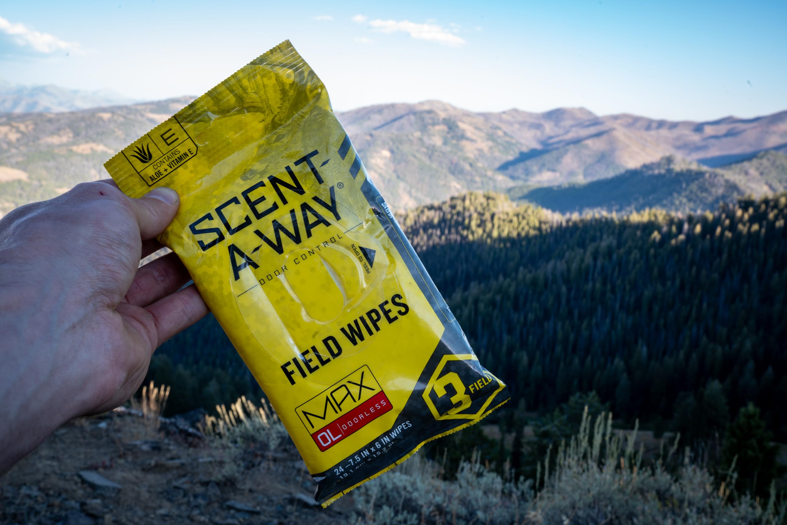 Hunters Specialties Scent-A-Way Max wipes outdoors highlighting alcohol-free formula