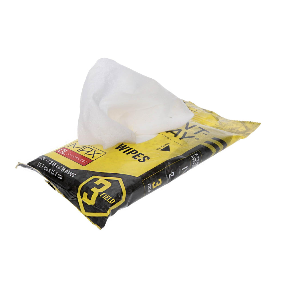 Hunters Specialties Scent-A-Way Max wipes showing aloe vera and vitamin E for skin comfort