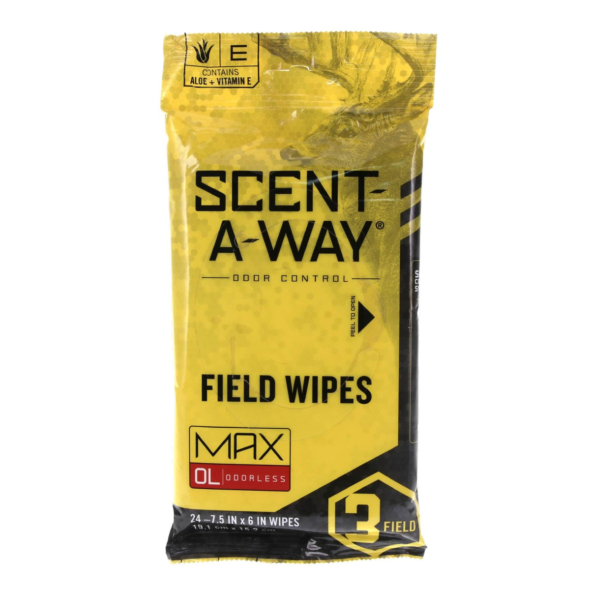 Hunters Specialties Scent-A-Way Max wipes pack closeup for odor control on the go