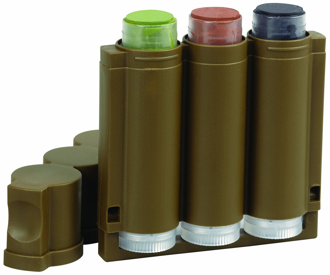 Close-up of Hunters Specialties Speed Camo Tri-Color Makeup stick in pocket-sized applicator