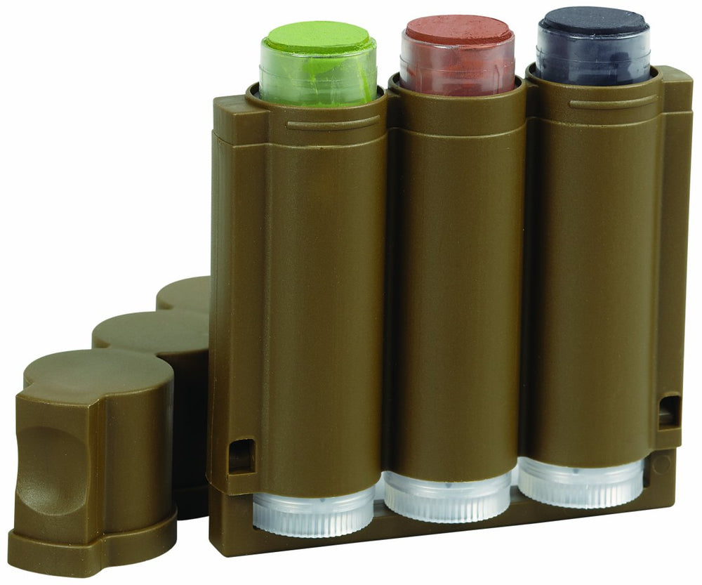 Close-up of Hunters Specialties Speed Camo Tri-Color Makeup stick in pocket-sized applicator