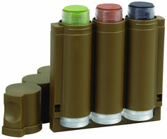 Close-up of Hunters Specialties Speed Camo Tri-Color Makeup stick in pocket-sized applicator