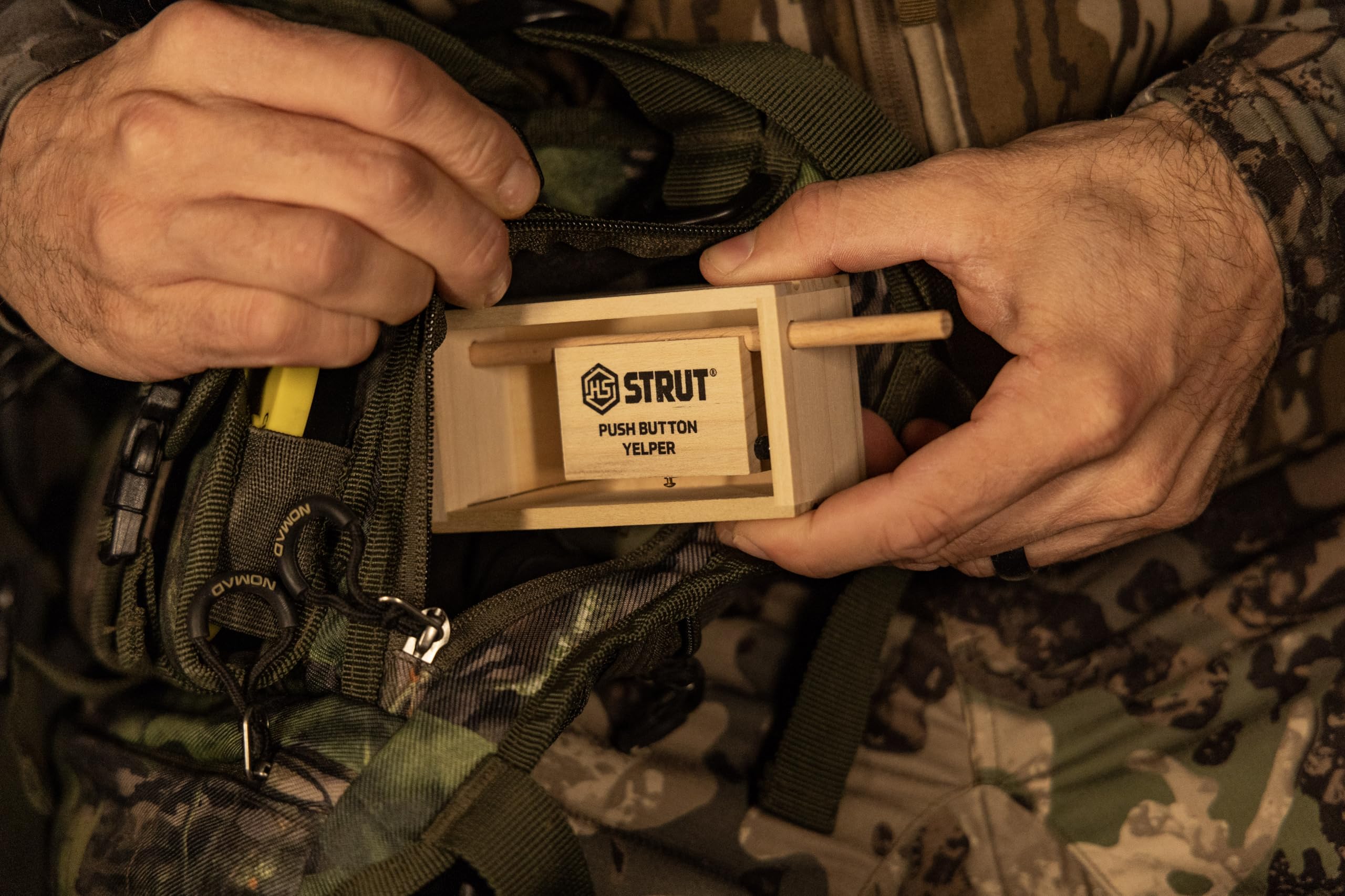 Hunters Specialties Strut Push Button Yelper in use during hunt.