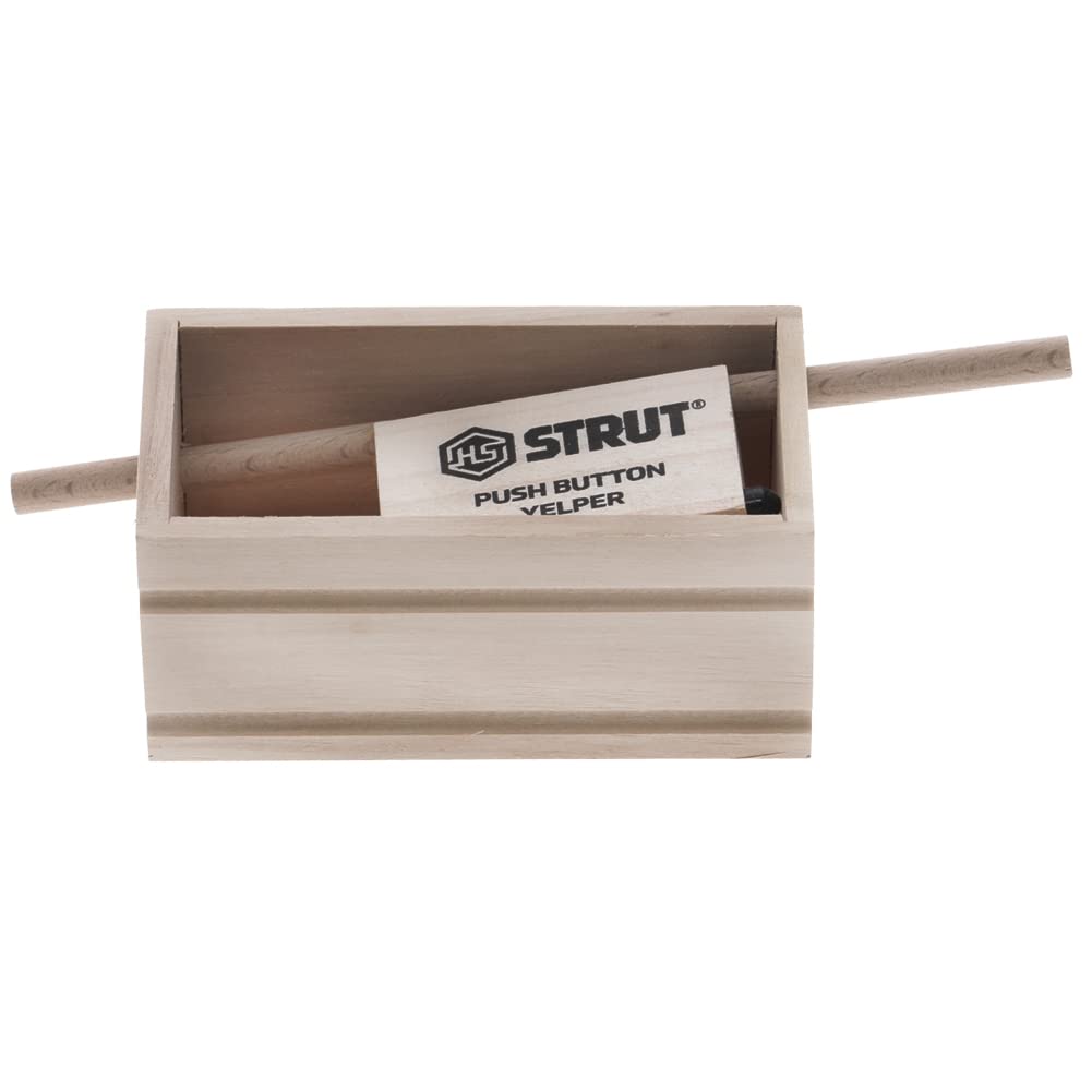 Hunters Specialties Strut Push Button Yelper close-up in walnut and poplar wood for realistic turkey sounds.