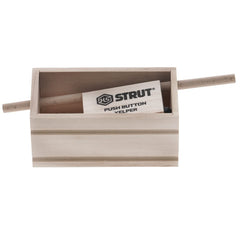 Hunters Specialties Strut Push Button Yelper close-up in walnut and poplar wood for realistic turkey sounds.
