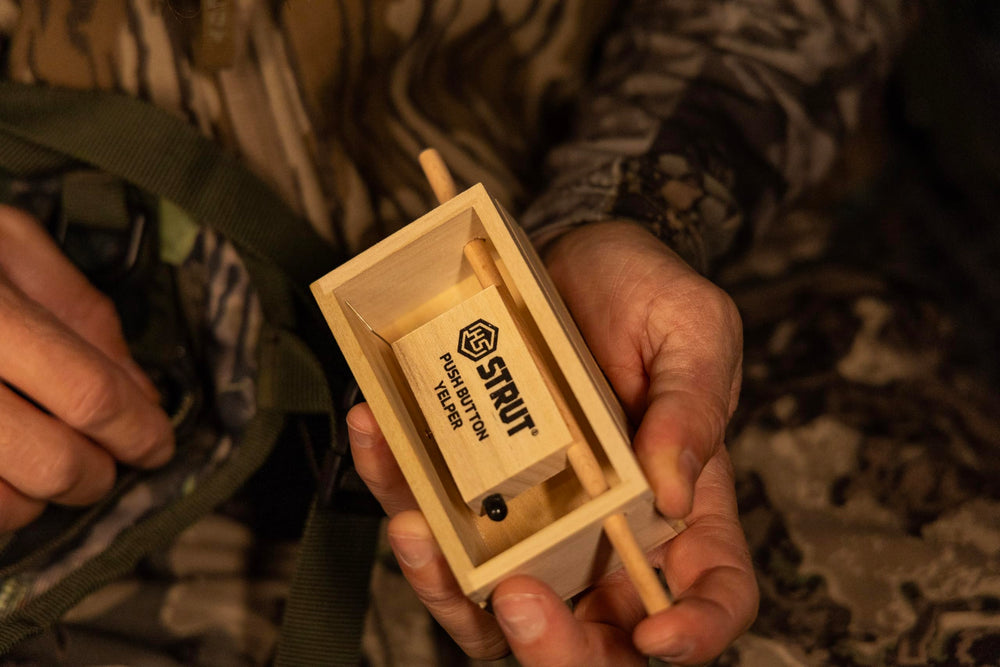 Hunters Specialties Strut Push Button Yelper walnut and poplar construction for realistic turkey calls.