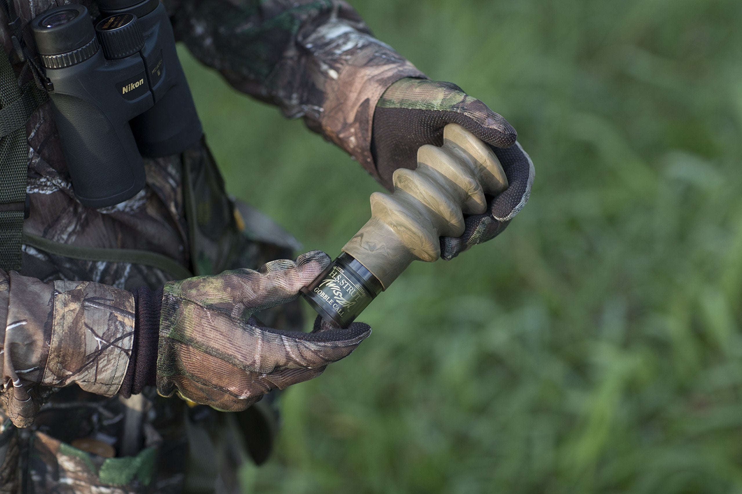 Hunters Specialties Strut Thunder Twister Gobble Call camouflage finish, silent silencer aids stealth.