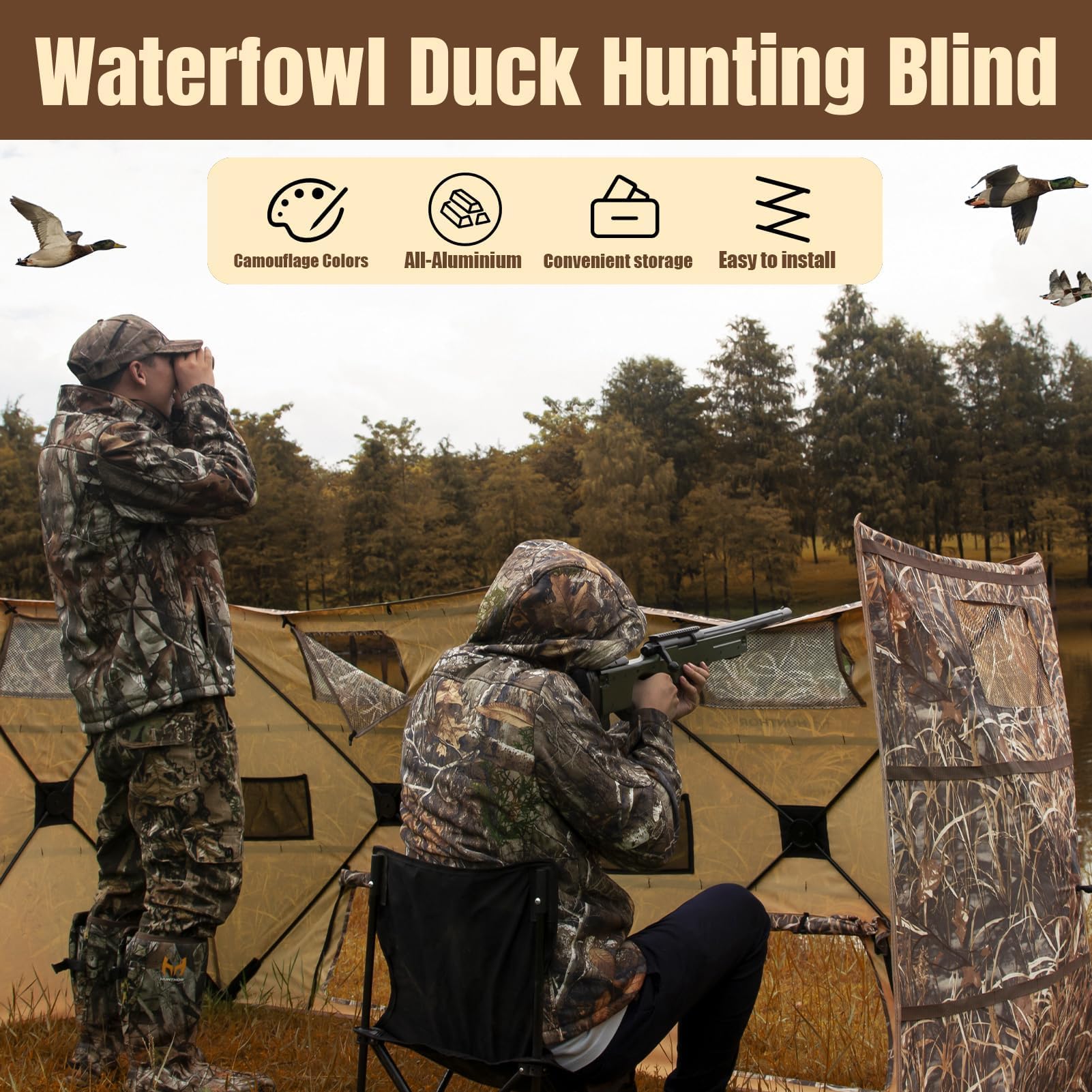 Hunthor 4-panel duck blind setup in seconds for quick concealment.
