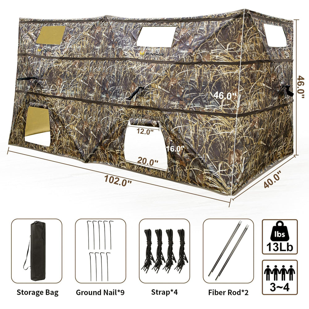 Hunthor duck blind durable polyester withstands tough weather conditions.