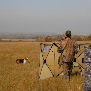 Hunthor duck blind includes ground stakes and wind ropes for stability.