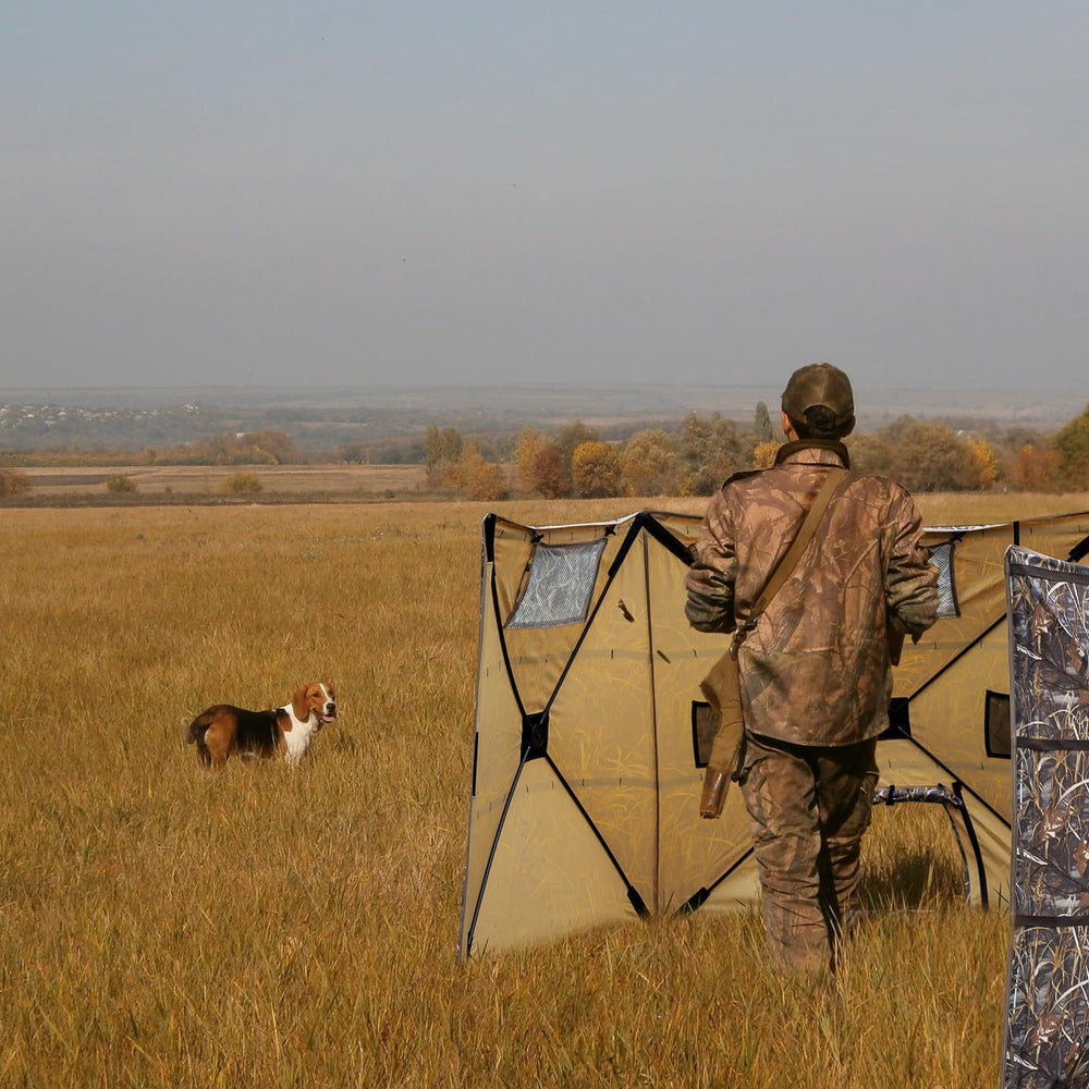 Hunthor duck blind includes ground stakes and wind ropes for stability.
