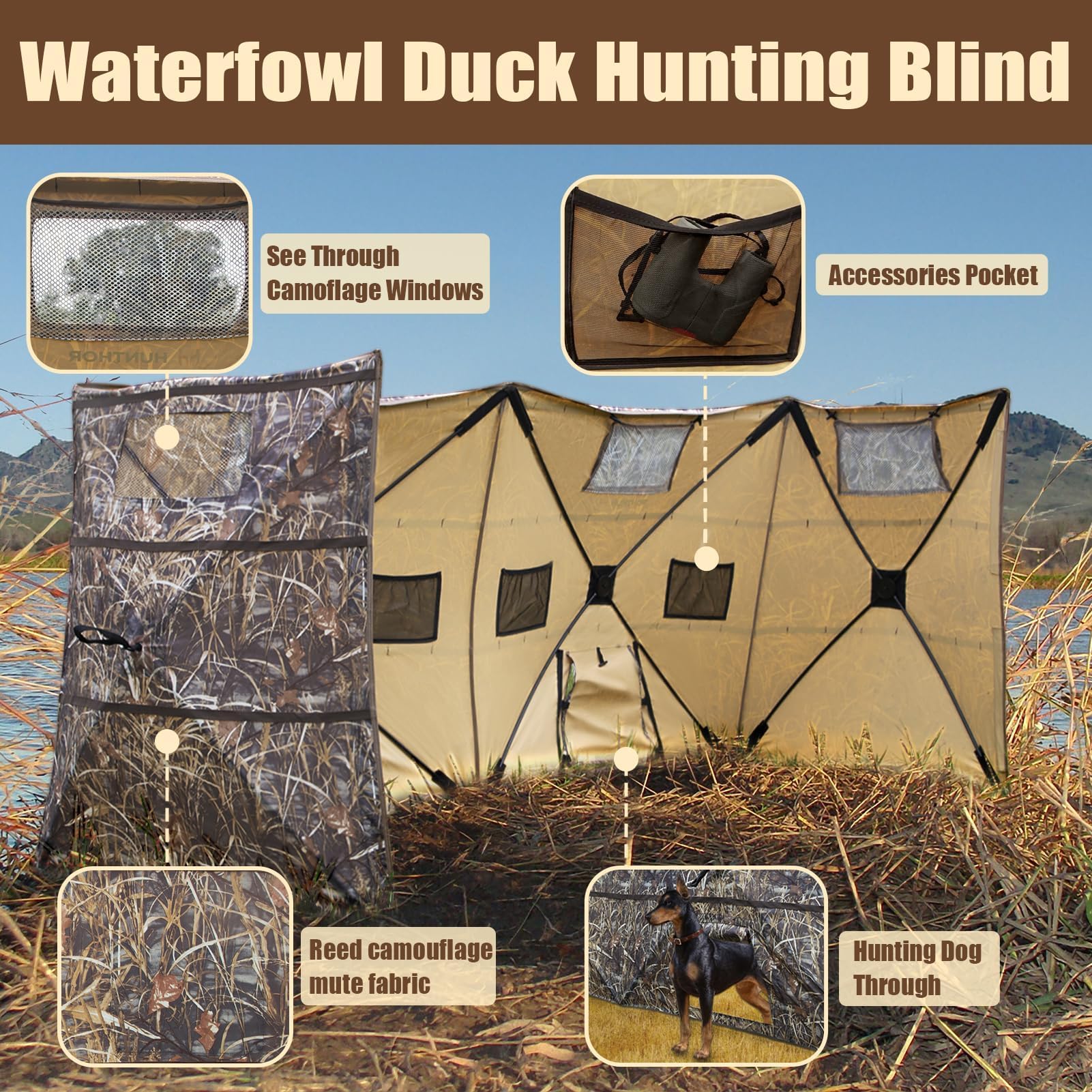 Hunthor duck blind spacious interior fits 3-4 hunters for shared concealment.