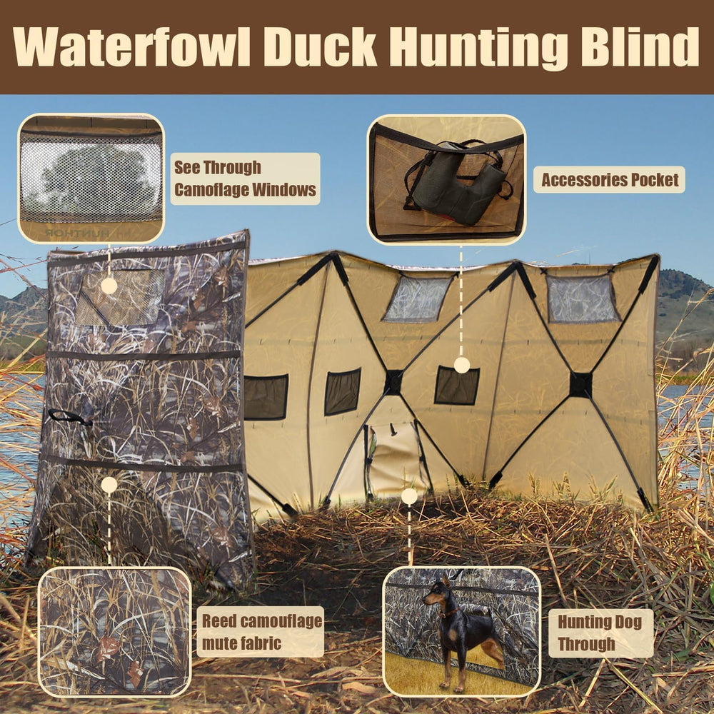 Hunthor duck blind spacious interior fits 3-4 hunters for shared concealment.