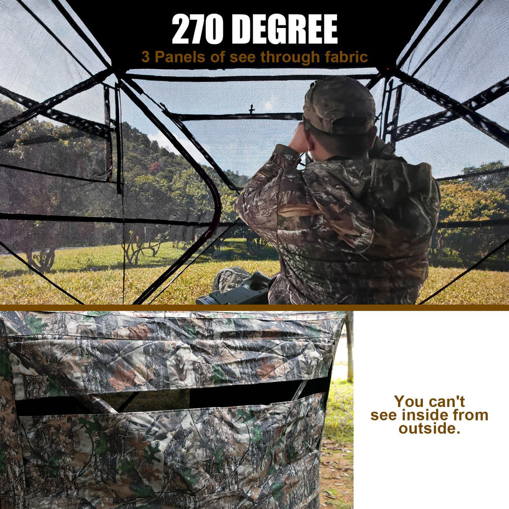 Hunthor hunting blind supports 2-3 hunter setup with ample gear space.