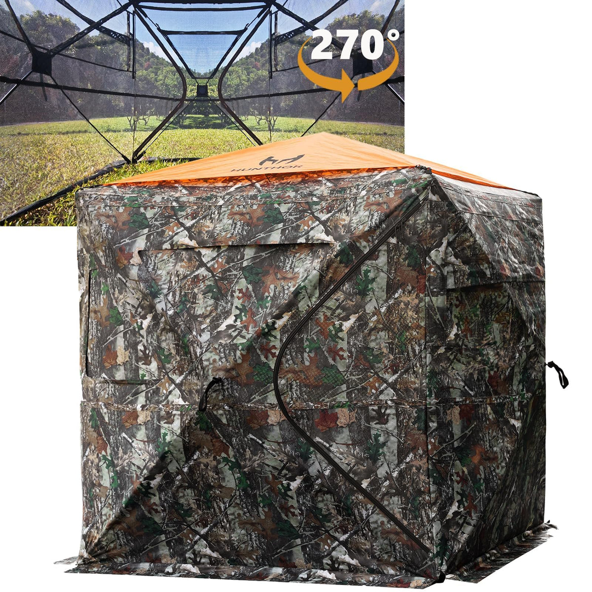 Hunthor hunting blind 270-degree view offers broad visibility for tracking game.
