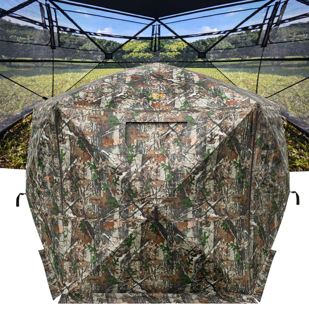 Hunthor hunting blind interior view showing 3-4 person capacity for comfort