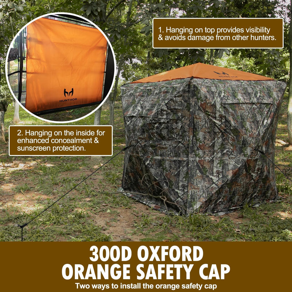 Hunthor hunting blind orange top cap enhances visibility and safety in low light.
