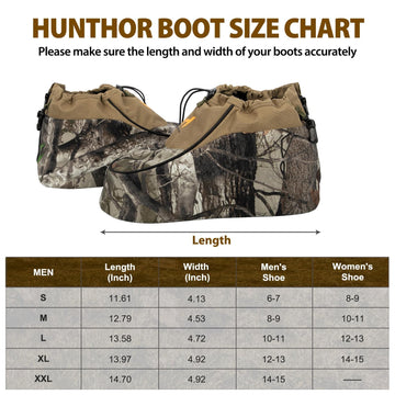 Hunthor insulated boot covers size options shown for a comfortable boot-over fit