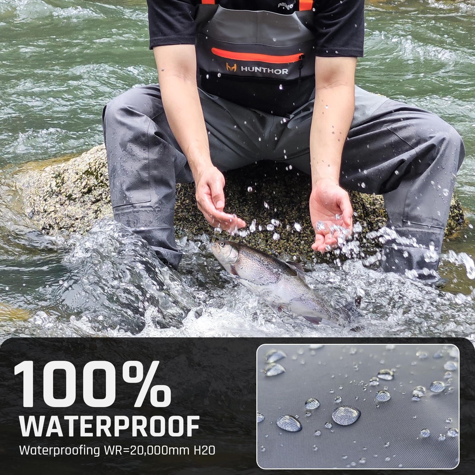 Elastic suspenders and quick-release buckles on Hunthor chest waders