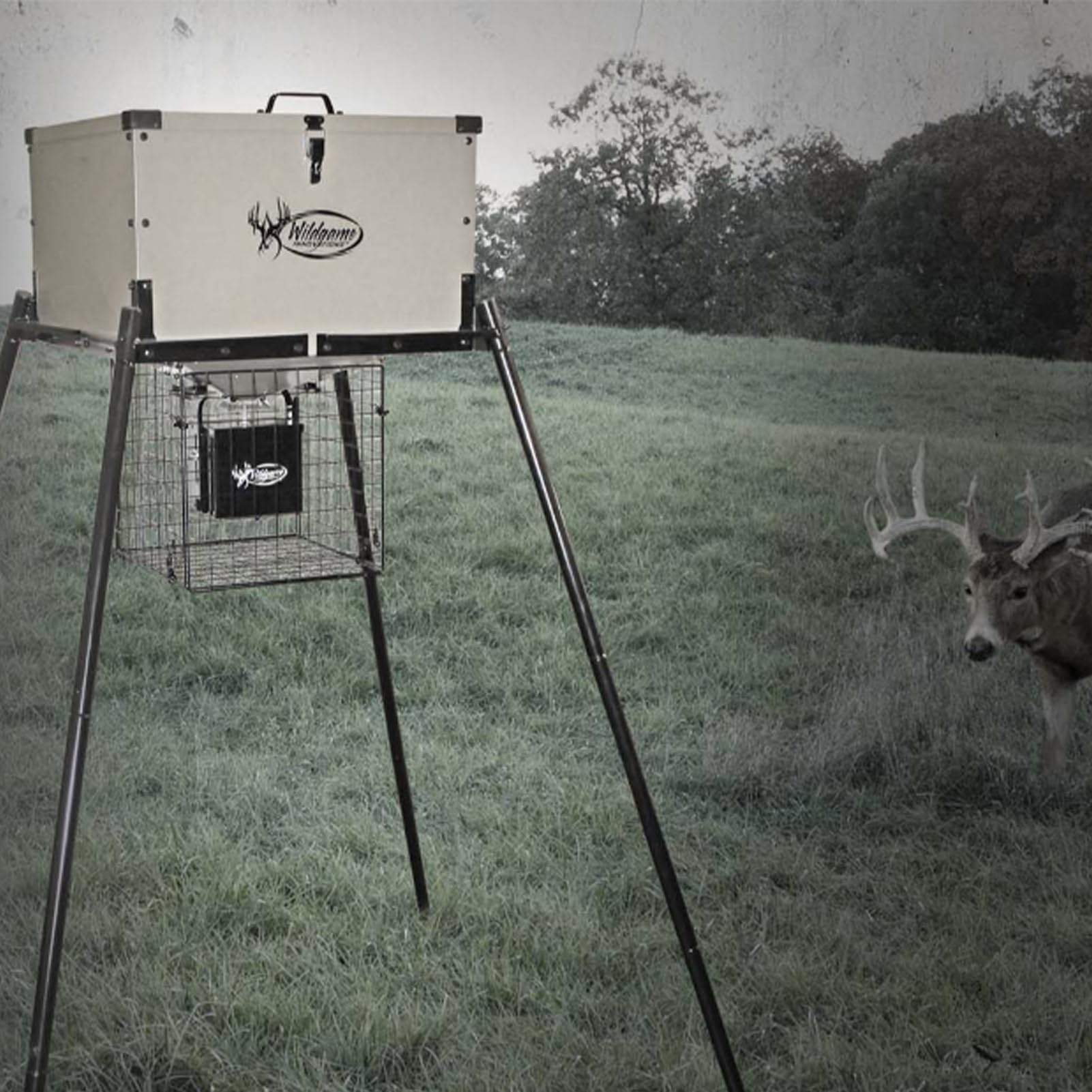 Durable weather-resistant varmint guard installed on hunting feeder and power control unit