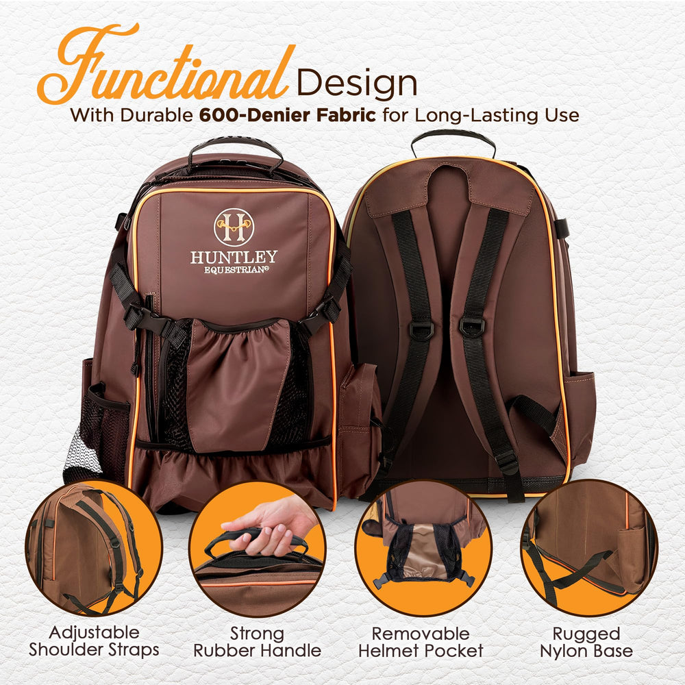 Huntley Equestrian Deluxe Backpack helmet pocket with ventilation for gear protection.