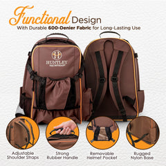 Huntley Equestrian Deluxe Backpack helmet pocket with ventilation for gear protection.