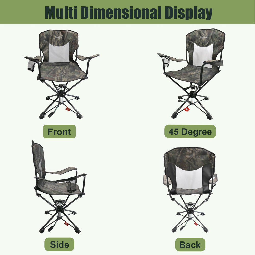 HUNTPAL folded swivel chair demonstrates quick setup and shoulder-strap portability