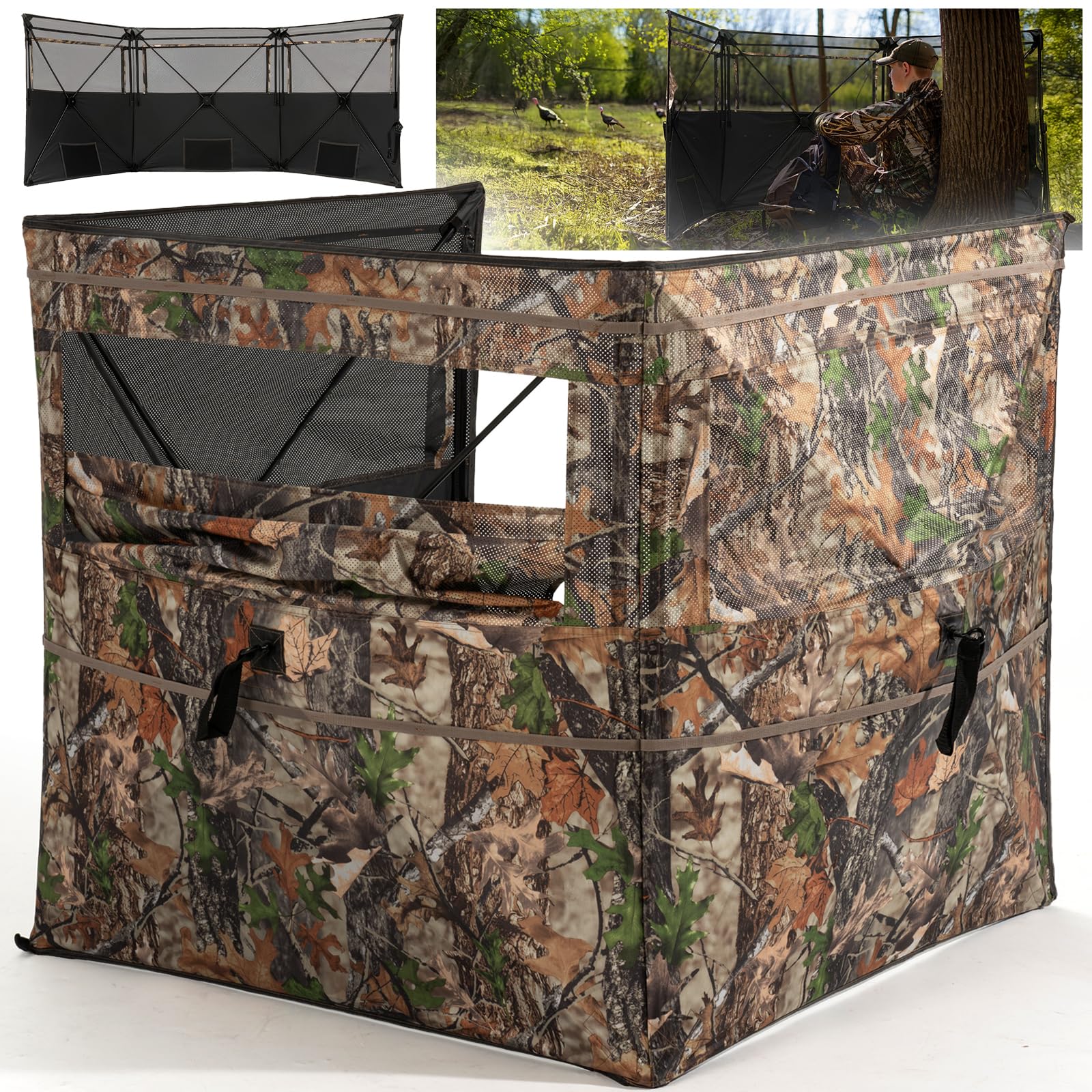 HUNTSEN 3-panel blind front view with camouflage and vegetation loops for concealment
