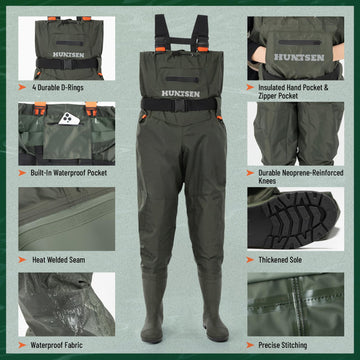 HUNTSEN fishing waders knee-reinforcement boosts durability for rugged streams.