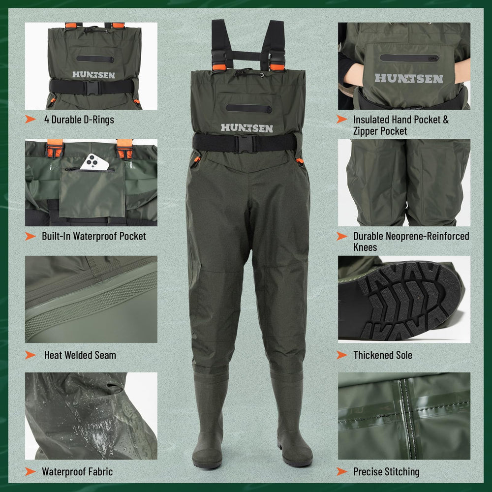 HUNTSEN fishing waders knee-reinforcement boosts durability for rugged streams.